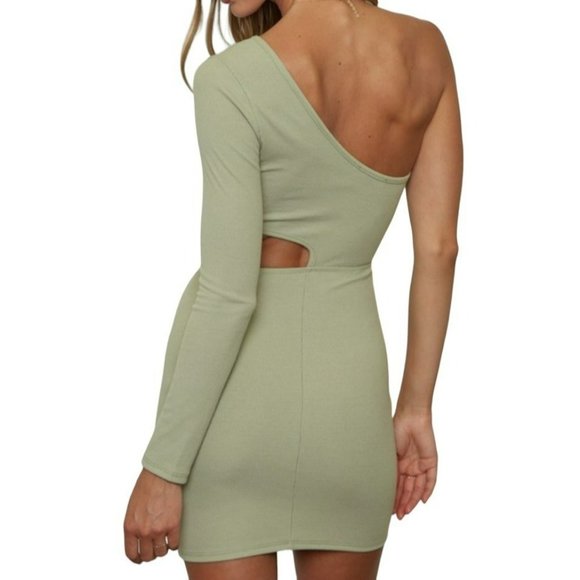 Blue Blush One Shoulder Cutout Mini Dress Olive Green Size Medium NWT - Picture 3 of 5